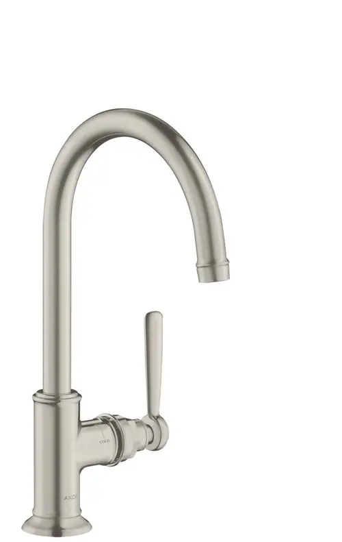 Edelstahl-Wasserhahn von AXOR mit einem gebogenen Auslauf und einem seitlichen Hebelgriff zur Bedienung. Der Wasserhahn hat eine schlichte, funktionale Form.